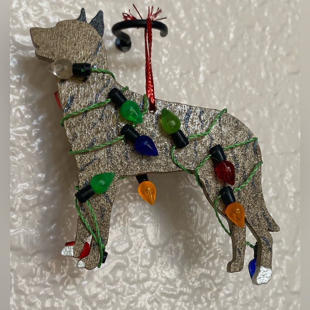 Handmade Dog Wrapped in Christmas Lights Ornament - Handpainted!